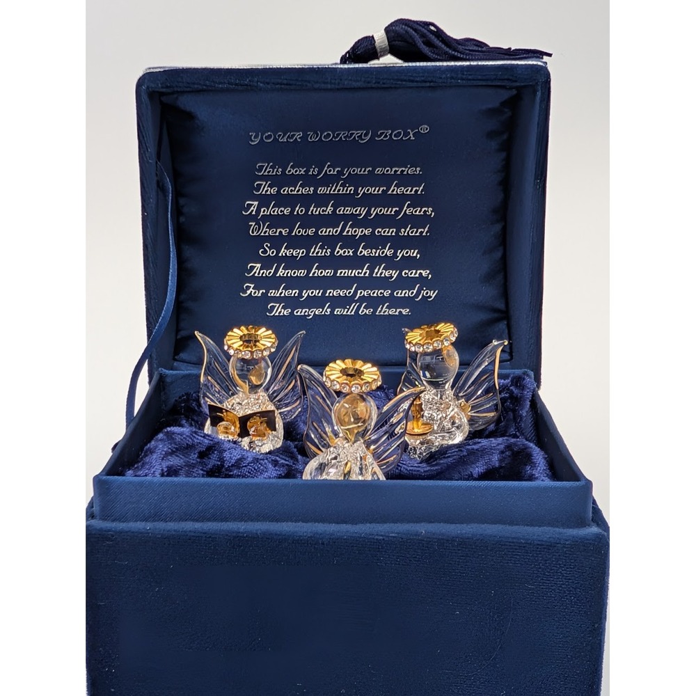 Blue Velvet Trinket Box‎ 3 Spun Glass Angels 18K Gold Plated Swarovski Crystals
